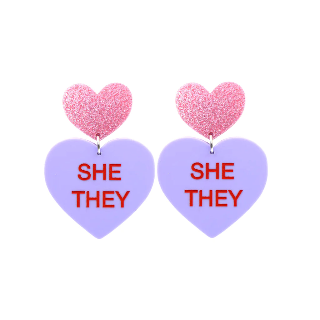 She/They Pronoun Earrings - Grape Pastel with Pink Glitter