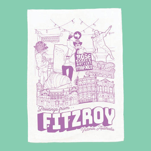 Greetings From Fitzroy Tea Towel - White with Purple Print