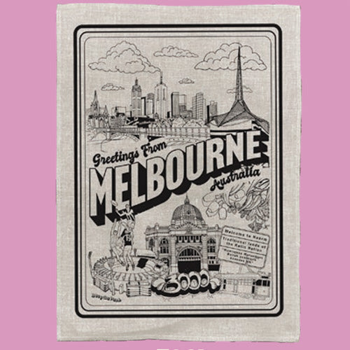 Greetings From Melbourne Tea Towel - Flax with Black Print