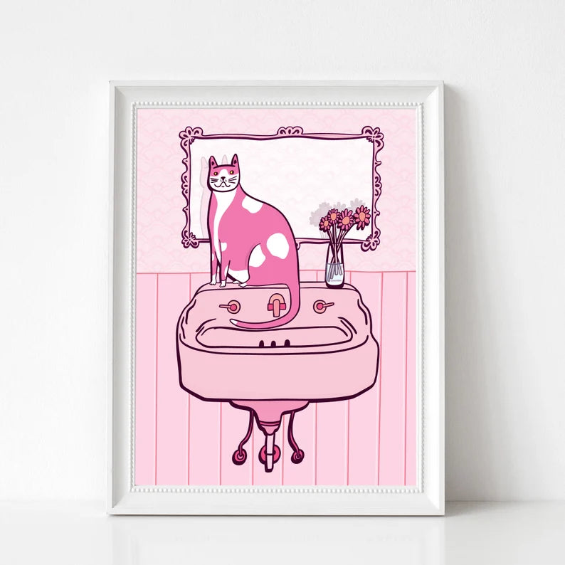 Cat On Pink Sink Art Print