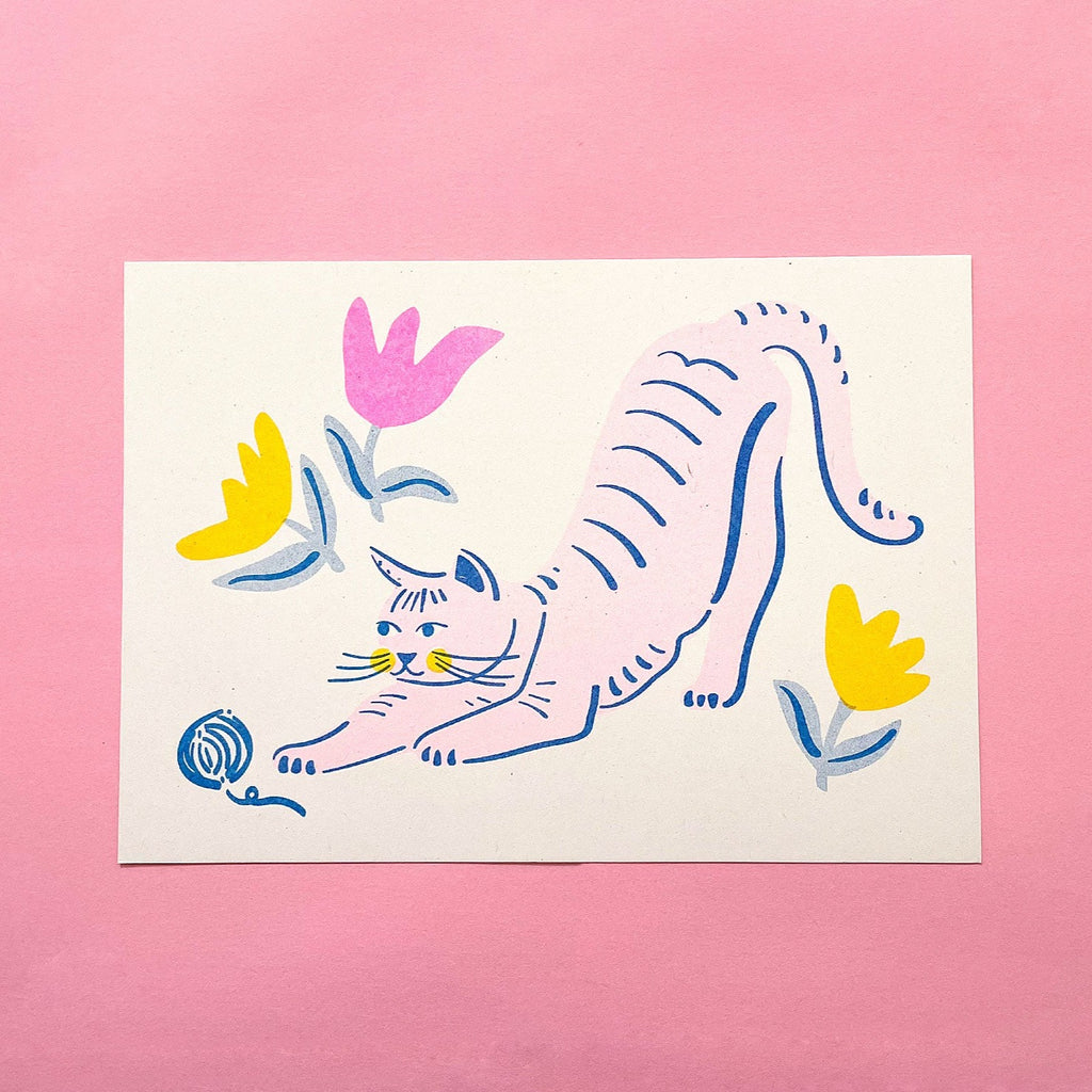 Risograph Art Print: Playful Cats + Flowers