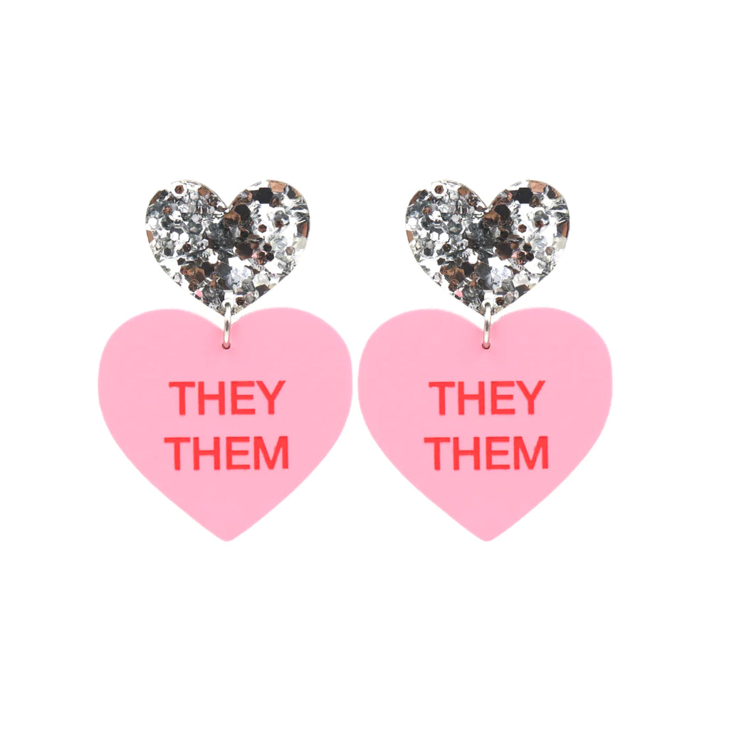 They/Them Pronoun Earrings - Strawberry Pastel with Silver Glitter