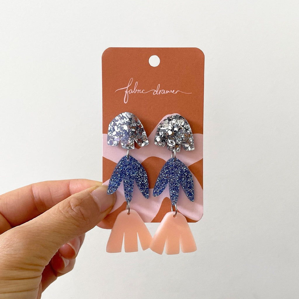 3 Drop Earrings #2 (Silver Glitter, Navy Glitter, Pink)