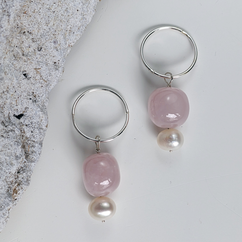Recycled Sterling Silver Mini Hoop Rose Quartz Crystal & Freshwater Pearl Earrings