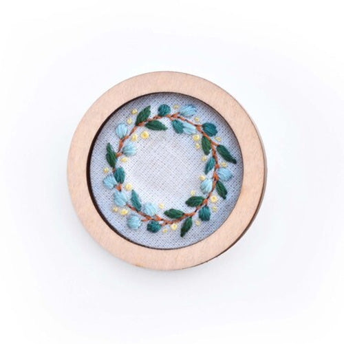 Hand Embroidered Round Brooch Pendant - The Eucalyptus