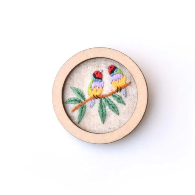 Gouldian Finches Hand Embroidered Round Brooch Pendant