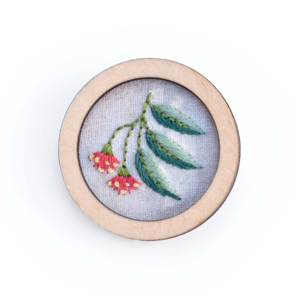 Gum Leaf Hand Embroidered Round Brooch Pendant