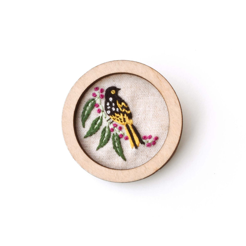 Hand Embroidered Round Brooch Pendant - Australian Honeyeater