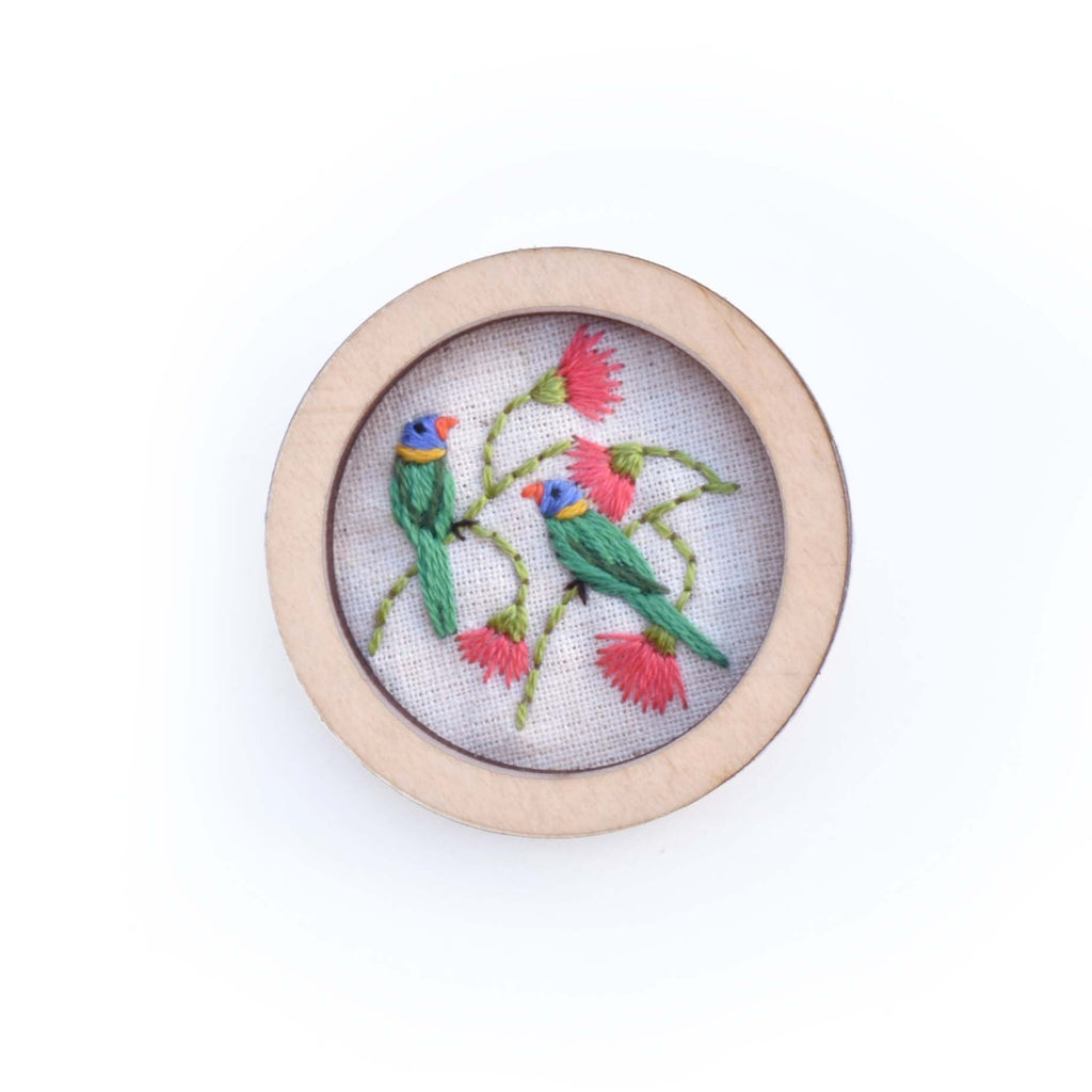 Lorikeets Hand Embroidered Round Brooch Pendant