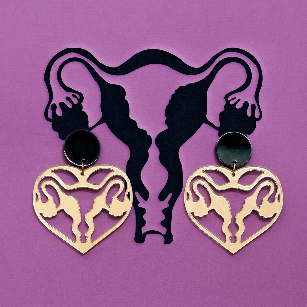 Acrylic hanging earrings - Gold Uterus