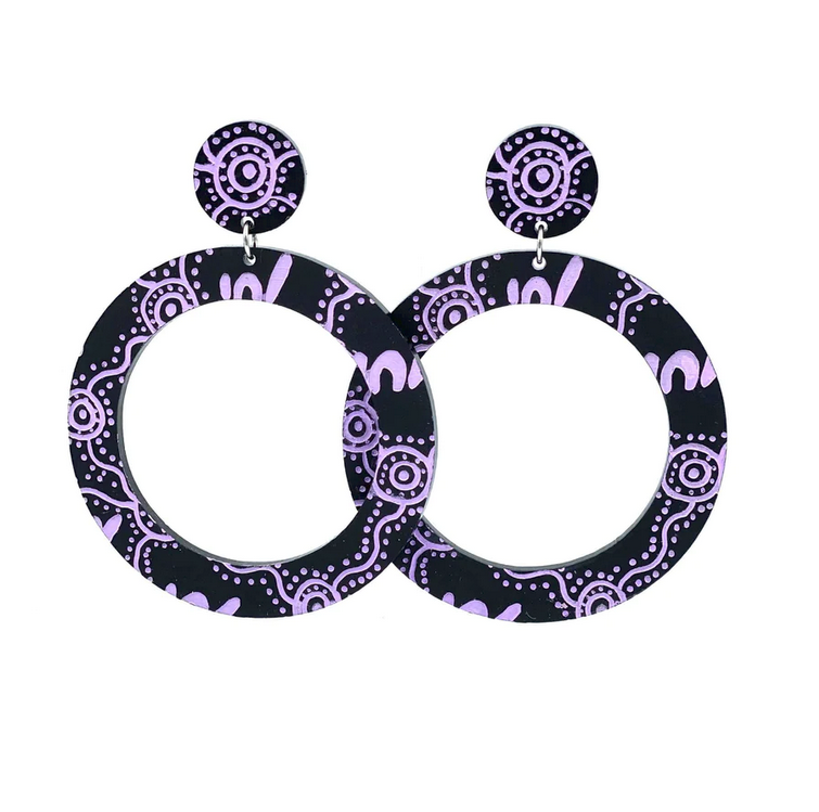 'Wiradjuri Yinaa' Hoop Earrings - Black/ Lavender