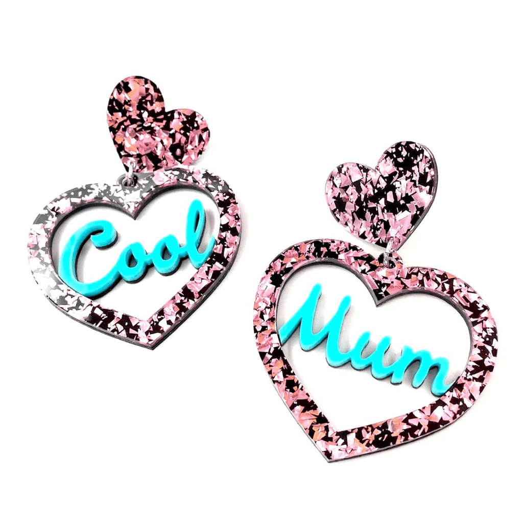 Cool Mum Cut Out Heart Earrings - Pink Ice / Turquoise