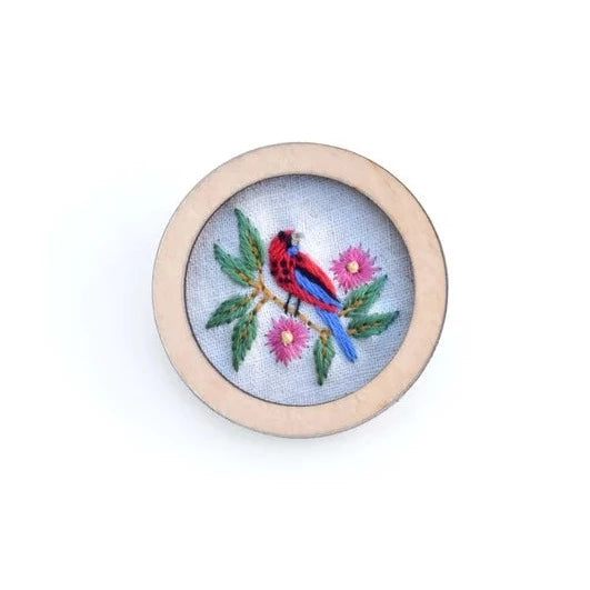 Rosella Hand Embroidered Round Brooch Pendant