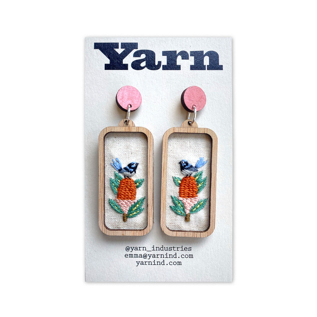 Fairy Wren Hand Embroidered Earrings